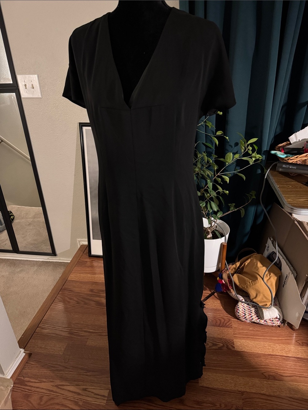 Vintage 90s Harve Benard Minimalist Black V-Neck Maxi Column Dress